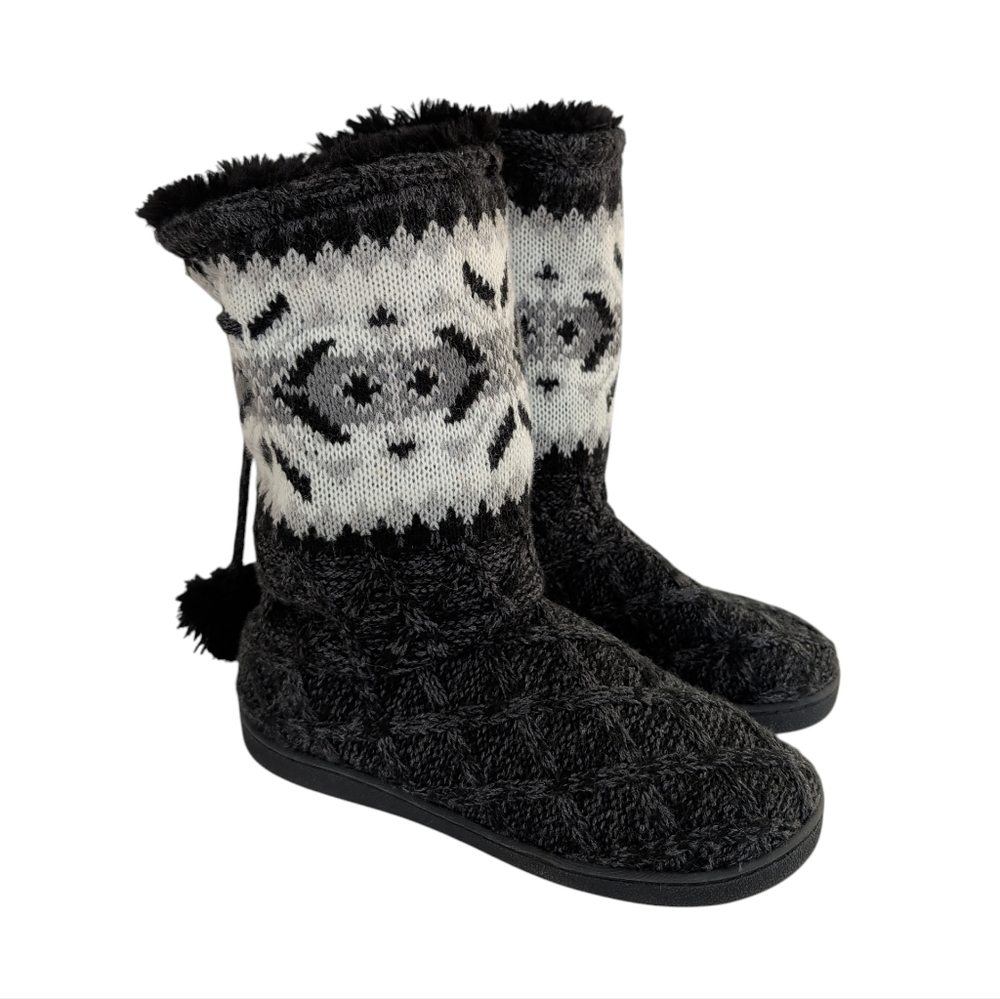 Muk Luks Faux Shearling Tall Knit Foldover Slipper Boot 7 Black Gray White